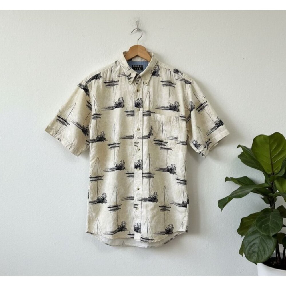 Trader Bay Sailboat Luau Hawaiian Shirt Men's Large Tall (LT) Vintage Beige 100%